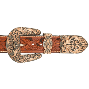 A custom western three piece belt buckle set featuring a longhorn figure 